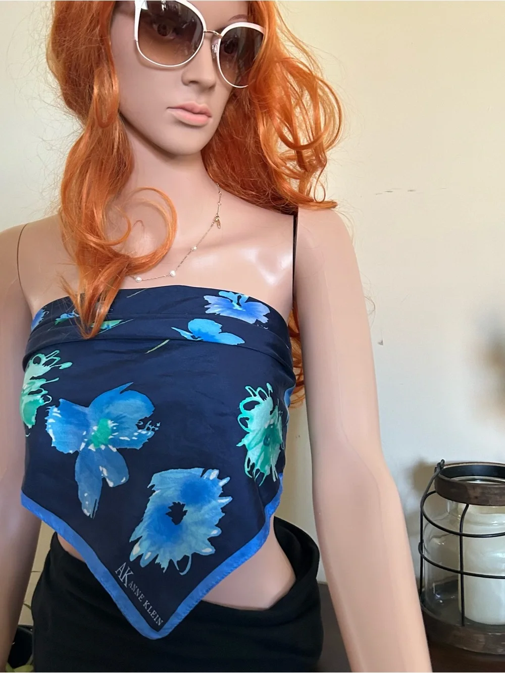 Anne Klein Navy Floral Silk Scarf with Blue & Aqua Blooms